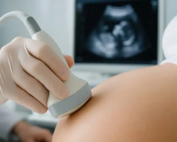 Dłoń w rękawiczce trzyma sondę USG na brzuchu kobiety, na ekranie widoczny obraz płodu.