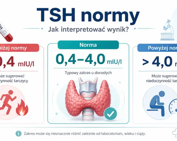 Grafika przedstawia normy TSH: poniżej, w normie i powyżej, z ikonami symbolizującymi nadczynność i niedoczynność tarczycy.