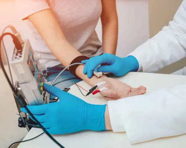 Badanie EMG, czyli elektromiografia, to badanie oceniające funkcję nerwów i mięśni. Lekarz z niebieskimi rękawiczkami podłącza elektrody do ręki pacjentki.
