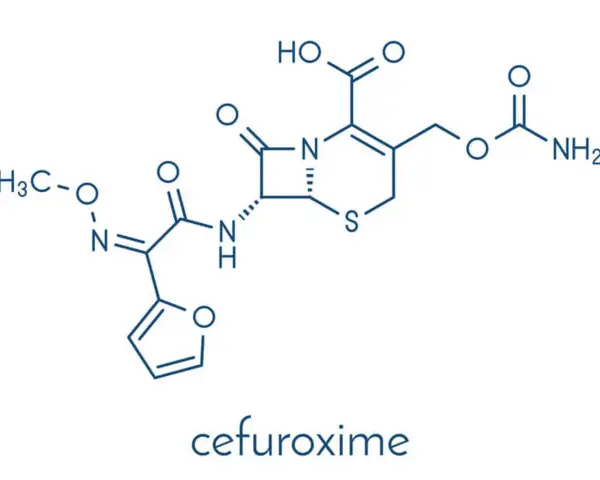 Struktura chemiczna cefuroksymu, antybiotyku z grupy cefalosporyn, znanego też jako Zinnat.