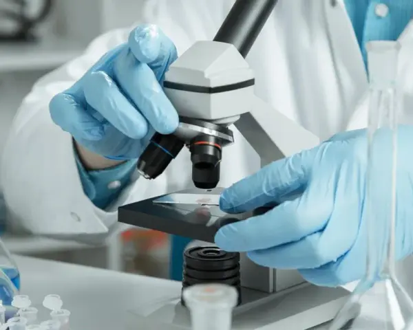 Ręce w niebieskich rękawiczkach badają próbkę pod mikroskopem w laboratorium.