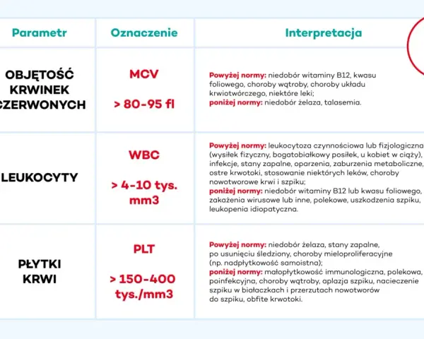Tabela z parametrami morfologii krwi: objętość krwinek czerwonych (MCV), leukocyty (WBC), płytki krwi (PLT) i ich interpretacją.