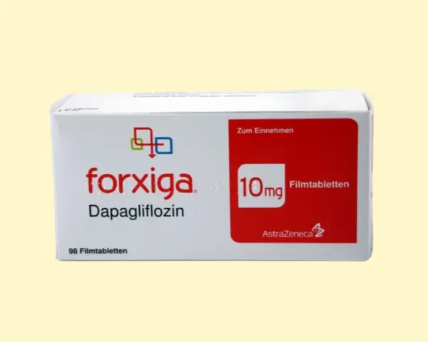 Opakowanie leku Forxiga 10mg z dapaglifloziną, 98 tabletek.