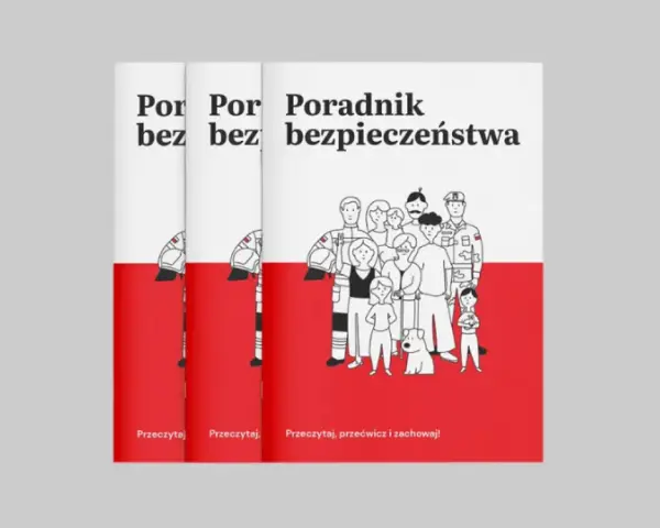 Poradnik bezpieczeństwa z rysunkami ludzi i psa. Uczy, jak udzielić pierwszej pomocy, w tym resuscytacji.