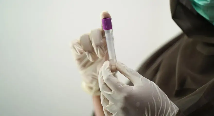 Ręce w rękawiczkach trzymają probówkę z fioletową zakrętką.