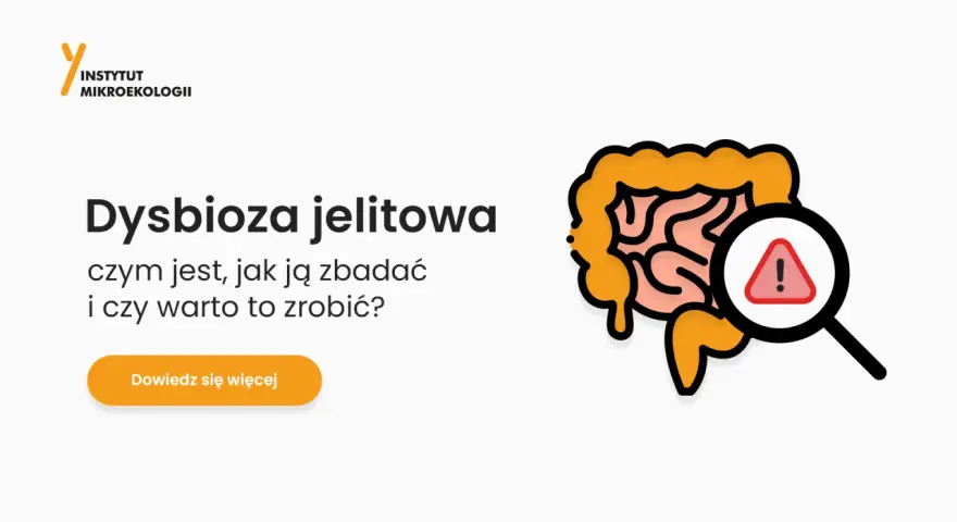 Grafika przedstawia jelita pod lupą z symbolem ostrzeżenia, sugerując problem dysbiozy jelitowej.