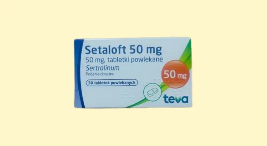 Opakowanie leku Setaloft 50 mg, zawierające 30 tabletek powlekanych z sertraliną.