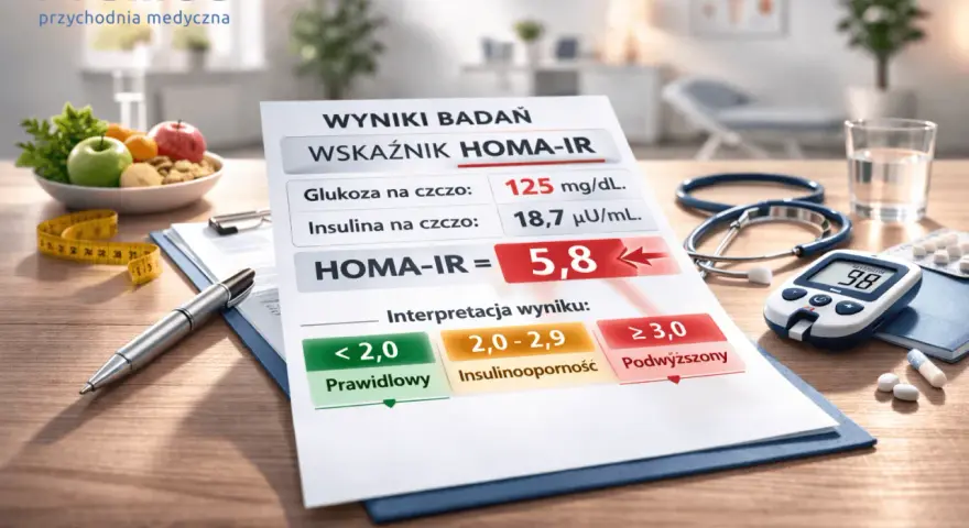 Wyniki badań HOMA-IR wskazują na podwyższony poziom insuliny na czczo, co może świadczyć o insulinooporności.