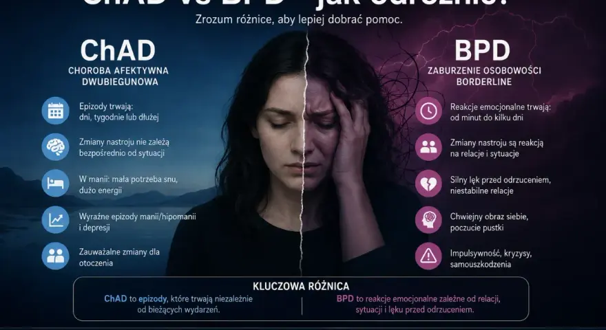 ChAD vs BPD: porównanie objawów. ChAD to epizody trwające niezależnie od sytuacji, BPD to reakcje emocjonalne zależne od relacji i lęku przed odrzuceniem.