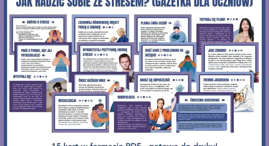 Jak radzić sobie ze stresem? Gazetka dla uczniów z poradami: planuj dzień, ćwicz, wizualizuj, jedz zdrowo.