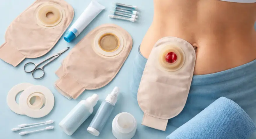 Urostomia: worek stomijny, akcesoria do pielęgnacji i fragment brzucha osoby.