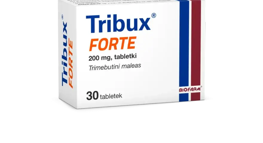 Opakowanie leku Tribux Forte 200 mg, zawierające 30 tabletek z trimebutyny maleinianem. Pomocne w problemach z ircolon.