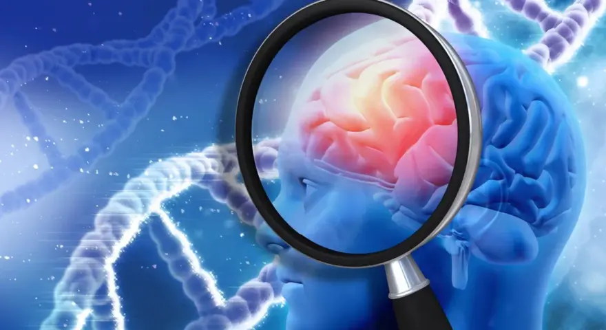 Badanie mózgu pod lupą, szukając przyczyn katatonii. W tle struktury DNA.