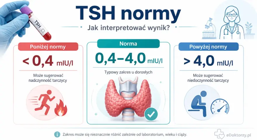 Grafika przedstawia normy TSH: poniżej, w normie i powyżej, z ikonami symbolizującymi nadczynność i niedoczynność tarczycy.