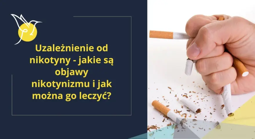 Dłoń miażdży papierosy, symbolizując walkę z uzależnieniem od nikotyny i objawami nikotynizmu.