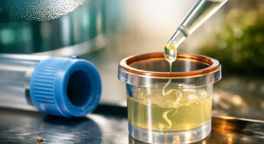 Kropla płynu z pipety wpada do naczynia laboratoryjnego z żółtym płynem.
