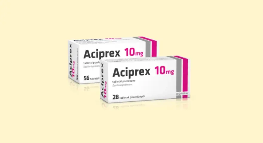 Dwie paczki leku Aciprex 10mg, jedna z 56, druga z 28 tabletkami powlekanymi.