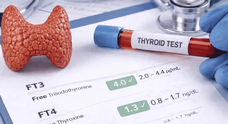 Model tarczycy, probówka z krwią "THYROID TEST" i wyniki badań FT3, FT4.