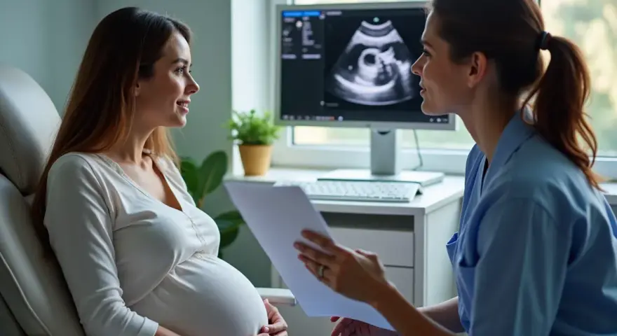Ciężarna kobieta rozmawia z lekarką przy monitorze z badaniem USG płodu.