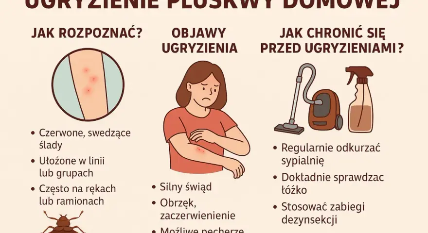 Ilustracja przedstawia ugryzienia pluskiew na skórze, kobietę drapiącą się po ręce, odkurzacz i środek dezynfekujący.
