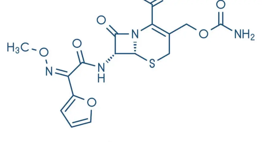 Struktura chemiczna cefuroksymu, antybiotyku z grupy cefalosporyn, znanego też jako Zinnat.