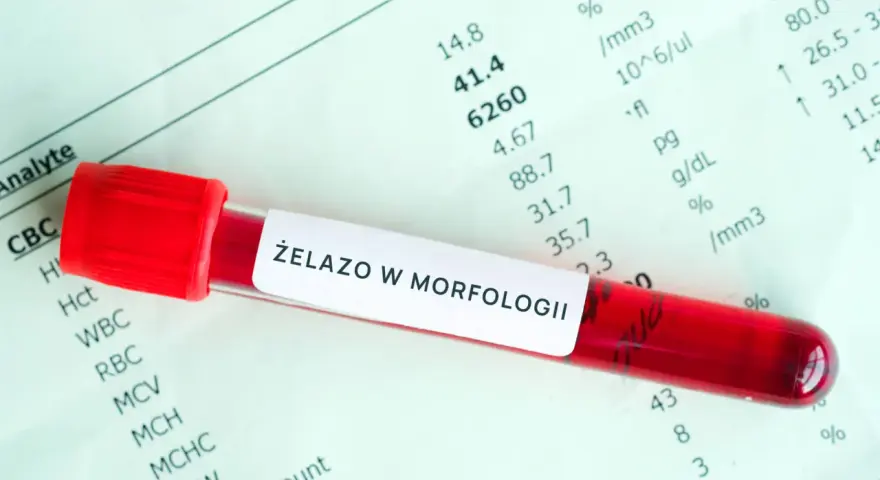 Czerwona probówka z krwią na tle wyników morfologii krwi z oznaczeniem "Żelazo w morfologii".