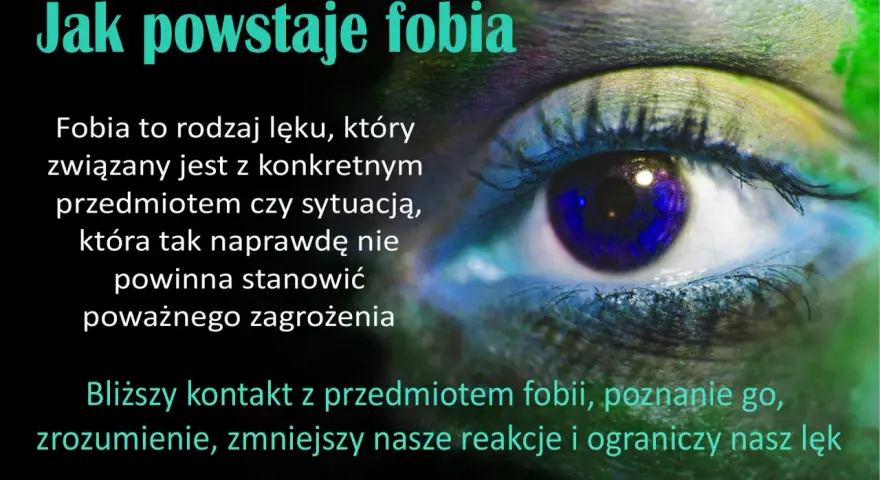 Oko z niebieską tęczówką, na którym widnieje tekst o tym, jak powstaje fobia. Fobia to lęk przed czymś, co nie stanowi zagrożenia.