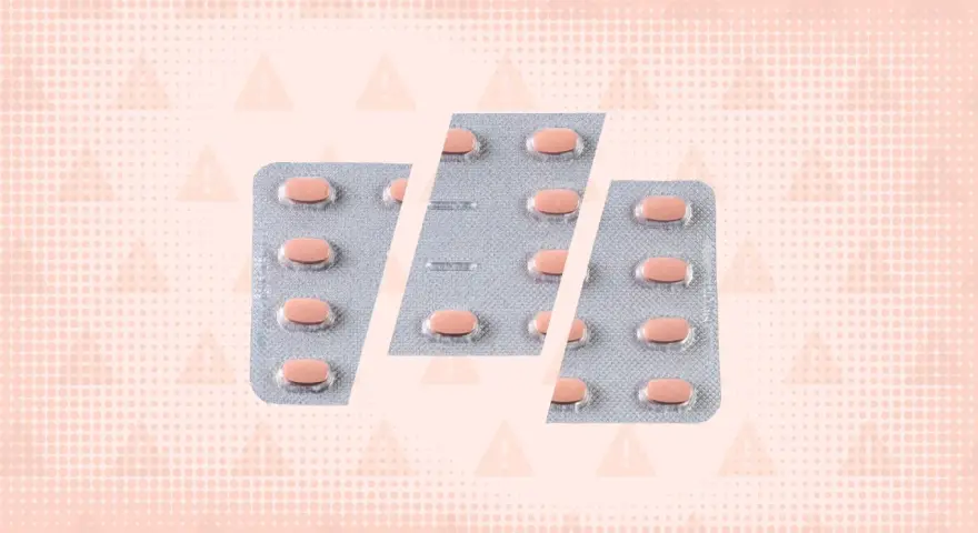 Blister opakowań tabletek, każda zawiera ketrel 25 mg. Tło z ostrzegawczymi trójkątami.
