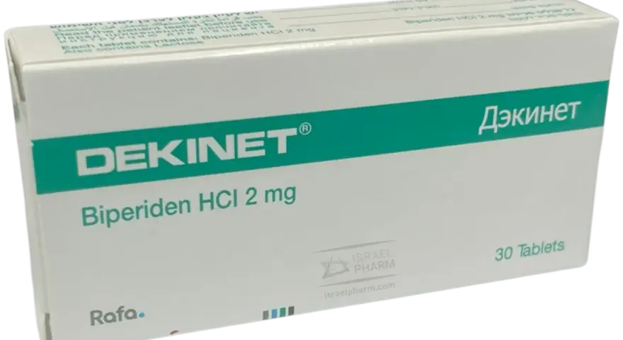 Opakowanie leku Dekinet z biperydenem HCl 2 mg, 30 tabletek.