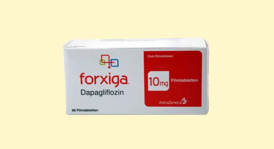 Opakowanie leku Forxiga 10mg z dapaglifloziną, 98 tabletek.