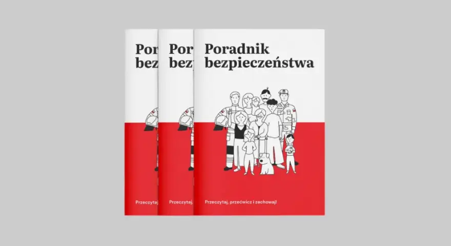 Poradnik bezpieczeństwa z rysunkami ludzi i psa. Uczy, jak udzielić pierwszej pomocy, w tym resuscytacji.