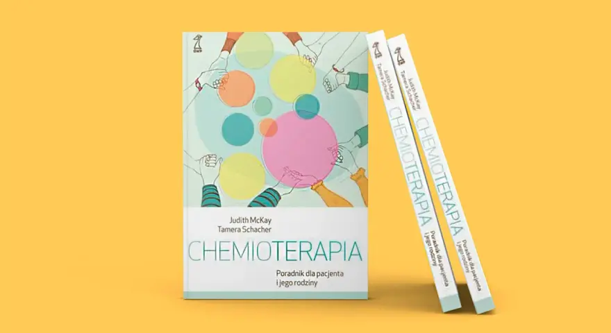 Okładka książki "Chemioterapia" z ilustracją dłoni i kolorowych kół.