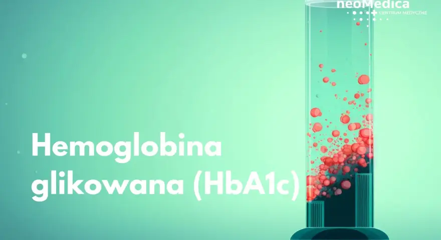 Szklana probówka z czerwonymi kropelkami i napisem "Hemoglobina glikowana (HbA1c)".