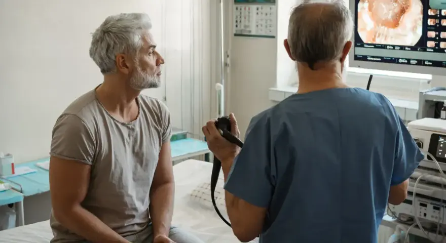 Lekarz wykonuje rektoskopię u pacjenta, obserwując obraz na monitorze.