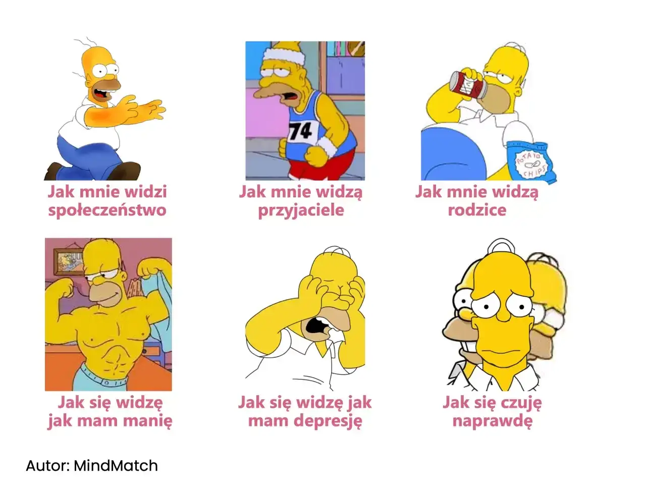 Homer Simpson w różnych stanach: radosny, zmęczony, pijący, umięśniony, płaczący, smutny. Ukazuje to choroba dwubiegunowa objawy.