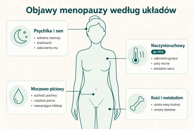 Ilustracja przedstawia objawy menopauzy: psychika i sen, naczynioruchowe, moczowo-płciowe, kości i metabolizm.